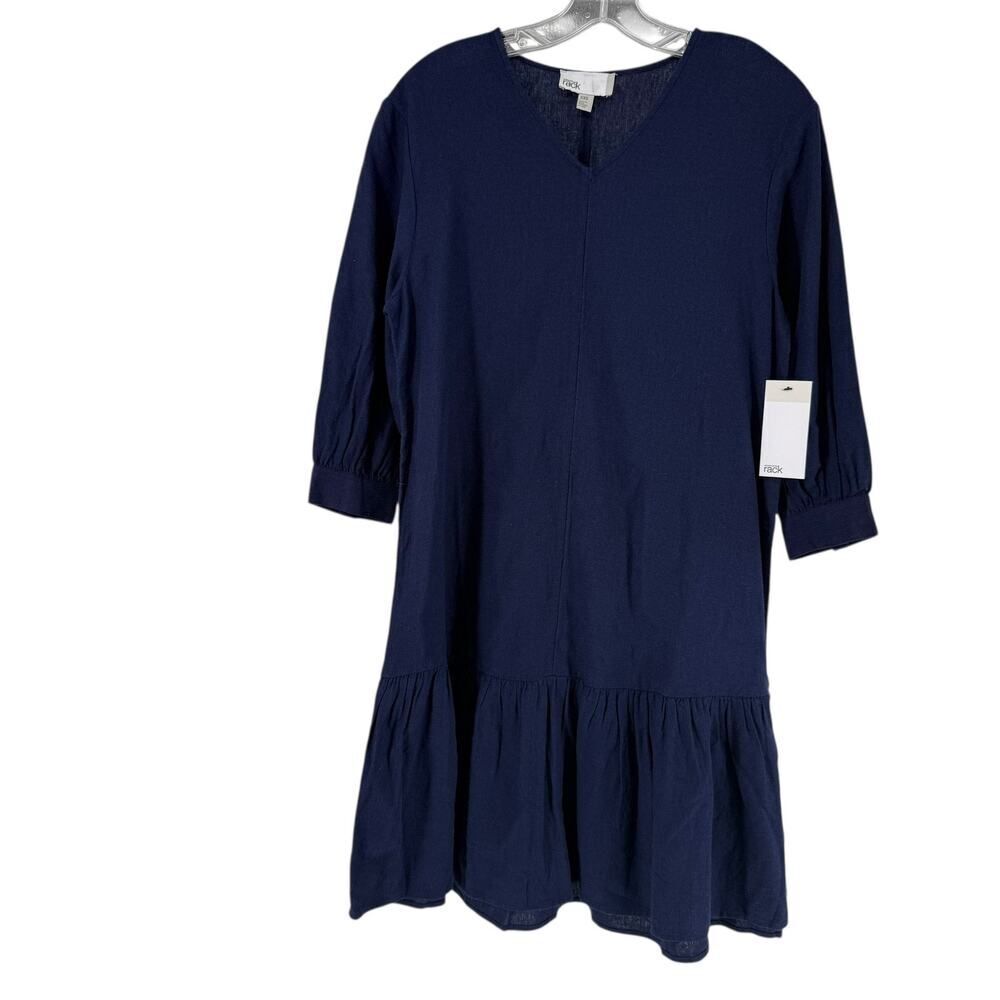 Nordstrom Rack Linen Blend Dress Size XXS Navy Blue V Neck Ruffle Hem Lagenlook